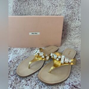 Miu Miu Leather Crystal Embellishment Sandals in Gold